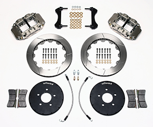 Wilwood Superlite 6R Big Brake Front Brake Kit (Race) Parts Laid Out - Nickel Plate Caliper - GT Slotted Rotor