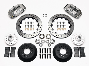Wilwood Superlite 6 Big Brake Front Brake Kit (Hub, Less Brackets) Parts Laid Out - Polish Caliper - SRP Drilled & Slotted Rotor