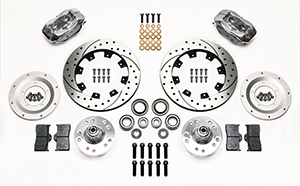Wilwood Forged Dynalite Big Brake Front Brake Kit (Hub, Less Brackets) Parts Laid Out - Polish Caliper - SRP Drilled & Slotted Rotor
