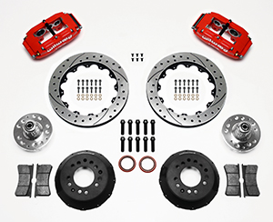 Wilwood Superlite 6 Big Brake Front Brake Kit (Hub, Less Brackets) Parts Laid Out - Red Powder Coat Caliper - SRP Drilled & Slotted Rotor