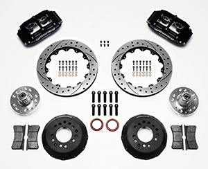 Wilwood Superlite 6 Big Brake Front Brake Kit (Hub, Less Brackets) Parts Laid Out - Black Powder Coat Caliper - SRP Drilled & Slotted Rotor