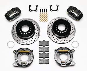 Wilwood Forged Dynalite Rear Parking Brake Kit Parts Laid Out - Black Powder Coat Caliper - SRP Drilled & Slotted Rotor