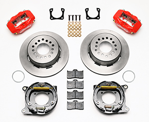 Wilwood Forged Dynalite Rear Parking Brake Kit Parts Laid Out - Red Powder Coat Caliper - Plain Face Rotor