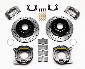 Wilwood Forged Dynalite Rear Parking Brake Kit Parts Laid Out - Polish Caliper - SRP Drilled & Slotted Rotor