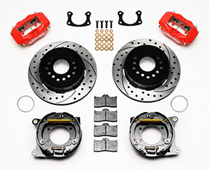 Wilwood Forged Dynalite Rear Parking Brake Kit Parts Laid Out - Red Powder Coat Caliper - SRP Drilled & Slotted Rotor