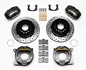 Wilwood Forged Dynalite Rear Parking Brake Kit Parts Laid Out - Black Powder Coat Caliper - SRP Drilled & Slotted Rotor