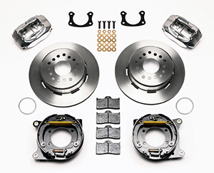 Wilwood Forged Dynalite Rear Parking Brake Kit Parts Laid Out - Polish Caliper - Plain Face Rotor