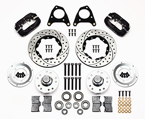 Wilwood Forged Dynalite Pro Series Front Brake Kit Parts Laid Out - Type III Anodize Caliper - SRP Drilled & Slotted Rotor