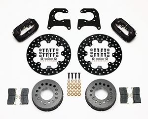 Wilwood Forged Dynalite Dynamic Rear Drag Brake Kit Parts Laid Out - Type III Anodize Caliper - Drilled Rotor