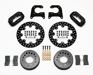 Wilwood Forged Dynalite Dynamic Rear Drag Brake Kit Parts Laid Out - Type III Anodize Caliper - Drilled Rotor