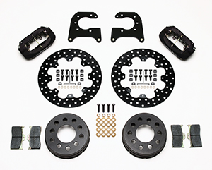 Wilwood Forged Dynalite Dynamic Rear Drag Brake Kit Parts Laid Out - Type III Anodize Caliper - Drilled Rotor