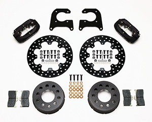 Wilwood Forged Dynalite Dynamic Rear Drag Brake Kit Parts Laid Out - Type III Anodize Caliper - Drilled Rotor
