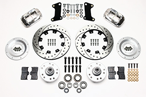 Wilwood Forged Dynalite Big Brake Front Brake Kit (Hub) Parts Laid Out - Polish Caliper - SRP Drilled & Slotted Rotor