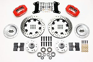 Wilwood Forged Dynalite Big Brake Front Brake Kit (Hub) Parts Laid Out - Red Powder Coat Caliper - SRP Drilled & Slotted Rotor