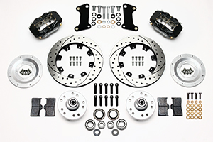 Wilwood Forged Dynalite Big Brake Front Brake Kit (Hub) Parts Laid Out - Black Powder Coat Caliper - SRP Drilled & Slotted Rotor