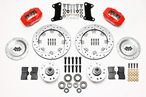 Wilwood Forged Dynalite Big Brake Front Brake Kit (Hub) Parts Laid Out - Red Powder Coat Caliper - SRP Drilled & Slotted Rotor