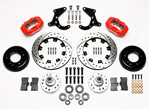 Wilwood Forged Dynalite Big Brake Front Brake Kit (Hub) Parts Laid Out - Red Powder Coat Caliper - SRP Drilled & Slotted Rotor