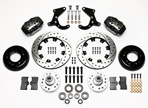 Wilwood Forged Dynalite Big Brake Front Brake Kit (Hub) Parts Laid Out - Black Powder Coat Caliper - SRP Drilled & Slotted Rotor