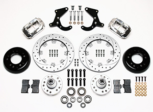 Wilwood Forged Dynalite Big Brake Front Brake Kit (Hub) Parts Laid Out - Polish Caliper - SRP Drilled & Slotted Rotor