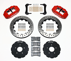 Wilwood Forged Narrow Superlite 6R Big Brake Front Brake Kit (Hat) Parts Laid Out - Red Powder Coat Caliper - SRP Drilled & Slotted Rotor