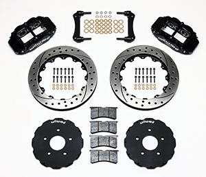 Wilwood Forged Narrow Superlite 6R Big Brake Front Brake Kit (Hat) Parts Laid Out - Black Powder Coat Caliper - SRP Drilled & Slotted Rotor