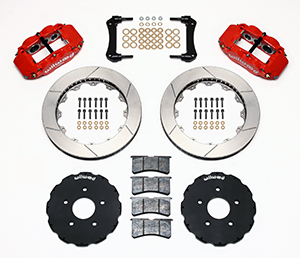 Wilwood Forged Narrow Superlite 6R Big Brake Front Brake Kit (Hat) Parts Laid Out - Red Powder Coat Caliper - GT Slotted Rotor