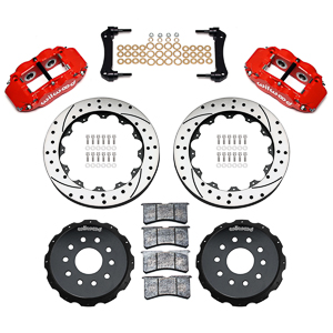 Wilwood Forged Narrow Superlite 4R Big Brake Rear Brake Kit For OE Parking Brake Parts Laid Out - Red Powder Coat Caliper - SRP Drilled & Slotted Rotor