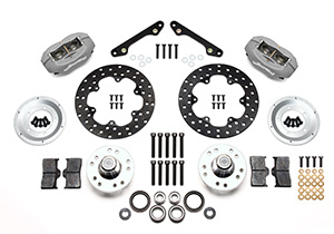 Wilwood Forged Dynalite Front Drag Brake Kit Parts Laid Out - Type III Anodize Caliper - Drilled Rotor