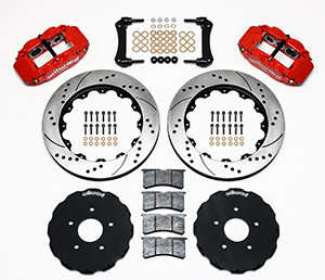 Wilwood Forged Narrow Superlite 6R Big Brake Front Brake Kit (Hat) Parts Laid Out - Red Powder Coat Caliper - SRP Drilled & Slotted Rotor