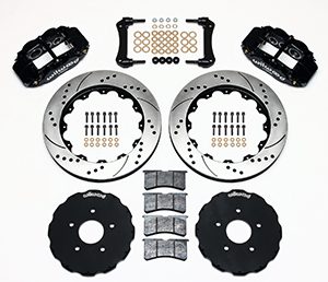 Wilwood Forged Narrow Superlite 6R Big Brake Front Brake Kit (Hat) Parts Laid Out - Black Powder Coat Caliper - SRP Drilled & Slotted Rotor