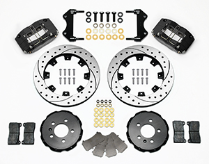 Wilwood Dynapro Radial Big Brake Front Brake Kit (Hat) Parts Laid Out - Black Powder Coat Caliper - SRP Drilled & Slotted Rotor