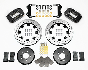 Wilwood Dynapro Radial Big Brake Front Brake Kit (Hat) Parts Laid Out - Black Powder Coat Caliper - SRP Drilled & Slotted Rotor