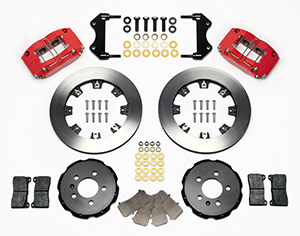 Wilwood Dynapro Radial Big Brake Front Brake Kit (Hat) Parts Laid Out - Red Powder Coat Caliper - Plain Face Rotor