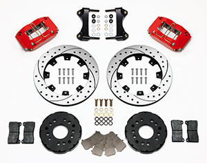 Wilwood Dynapro Radial Big Brake Front Brake Kit (Hat) Parts Laid Out - Red Powder Coat Caliper - SRP Drilled & Slotted Rotor