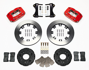 Wilwood Dynapro Radial Big Brake Front Brake Kit (Hat) Parts Laid Out - Red Powder Coat Caliper - Plain Face Rotor