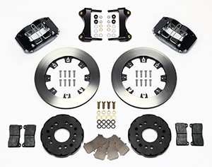 Wilwood Dynapro Radial Big Brake Front Brake Kit (Hat) Parts Laid Out - Black Powder Coat Caliper - Plain Face Rotor