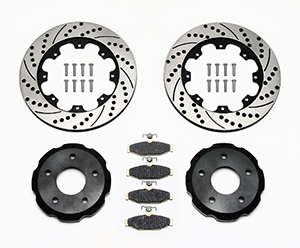 Wilwood Promatrix Rear Replacement Rotor Kit Parts Laid Out - SRP Drilled & Slotted Rotor