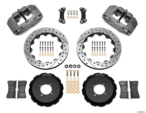 Wilwood Forged Superlite 4 Big Brake Front Brake Kit (Hat) Parts Laid Out - Type III Anodize Caliper - SRP Drilled & Slotted Rotor