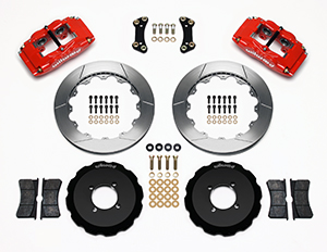 Wilwood Forged Superlite 4 Big Brake Front Brake Kit (Hat) Parts Laid Out - Red Powder Coat Caliper - GT Slotted Rotor