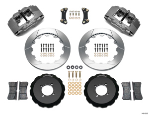 Wilwood Forged Superlite 4 Big Brake Front Brake Kit (Hat) Parts Laid Out - Type III Anodize Caliper - GT Slotted Rotor