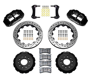 Wilwood Forged Narrow Superlite 6R Big Brake Front Brake Kit (Hat) Parts Laid Out - Black Powder Coat Caliper - SRP Drilled & Slotted Rotor