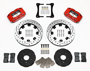 Wilwood Dynapro Radial Big Brake Front Brake Kit (Hat) Parts Laid Out - Red Powder Coat Caliper - SRP Drilled & Slotted Rotor