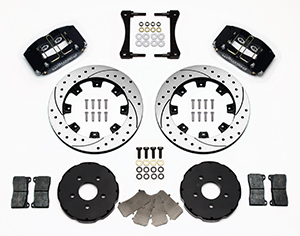 Wilwood Dynapro Radial Big Brake Front Brake Kit (Hat) Parts Laid Out - Black Anodize Caliper - SRP Drilled & Slotted Rotor