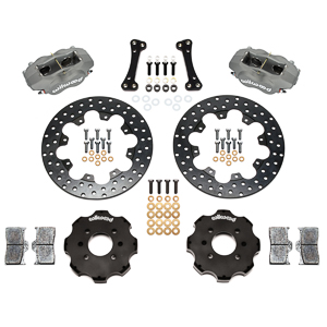 Wilwood Forged Dynalite Front Drag Brake Kit (Hat) Parts Laid Out - Type III Anodize Caliper - Drilled Rotor