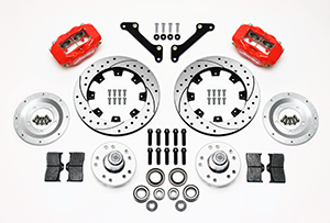 Wilwood Forged Dynalite Big Brake Front Brake Kit (Hub) Parts Laid Out - Red Powder Coat Caliper - SRP Drilled & Slotted Rotor