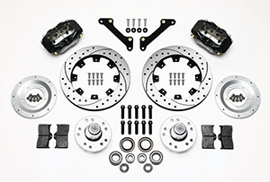 Wilwood Forged Dynalite Big Brake Front Brake Kit (Hub) Parts Laid Out - Black Powder Coat Caliper - SRP Drilled & Slotted Rotor