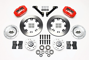 Wilwood Forged Dynalite Big Brake Front Brake Kit (Hub) Parts Laid Out - Red Powder Coat Caliper - Plain Face Rotor