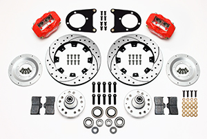 Wilwood Forged Dynalite Big Brake Front Brake Kit (Hub) Parts Laid Out - Red Powder Coat Caliper - SRP Drilled & Slotted Rotor