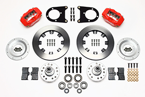 Wilwood Forged Dynalite Big Brake Front Brake Kit (Hub) Parts Laid Out - Red Powder Coat Caliper - Plain Face Rotor