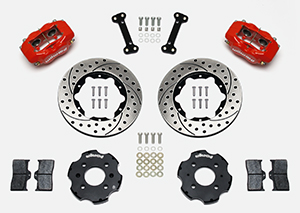 Wilwood Forged Dynalite Big Brake Front Brake Kit (Hat) Parts Laid Out - Red Powder Coat Caliper - SRP Drilled & Slotted Rotor